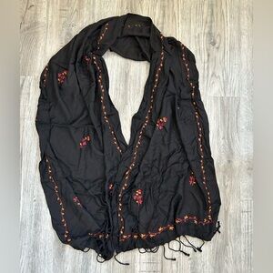 Autumn  Scarf Dark Brown w/ Red and Orange Embroidery Leaves